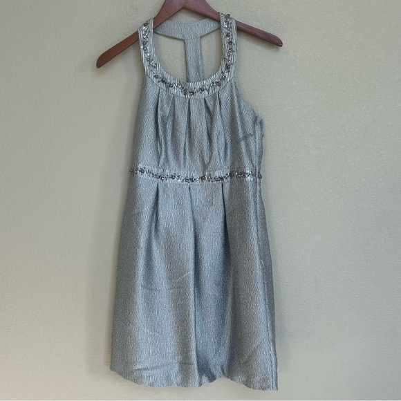 Laundry by Shelli Segal Silver Metallic Beaded Halter Cocktail Dress Women’s 6 - Picture 1 of 5